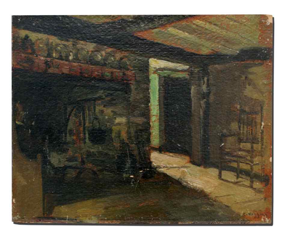 Appraisal: HIGGINS Eugene American - Interior Scene with Fireplace OIL Board