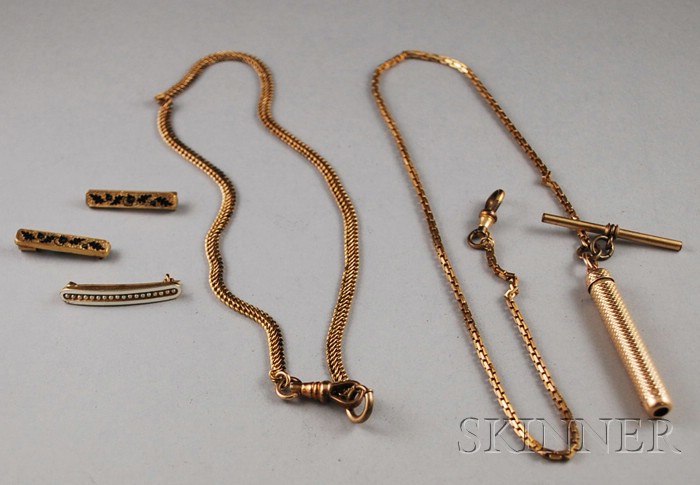 Appraisal: Three Antique kt Gold Pins and Two Gold-filled Watch Chains