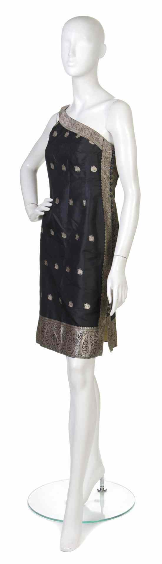 Appraisal: An Indian Textile Black Sari single shoulder neckline metallic embroidery