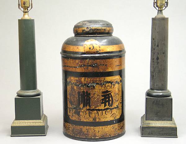 Appraisal: An English t le covered tea canister and pair of