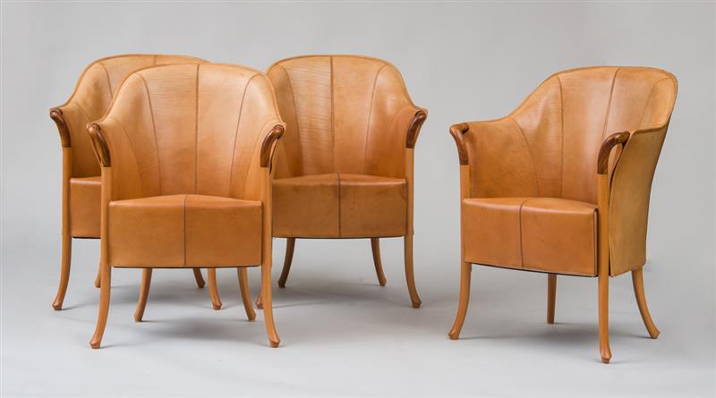 Appraisal: FOUR ARMCHAIRS GIORGETTI Leather beach and zebra wood labeled x