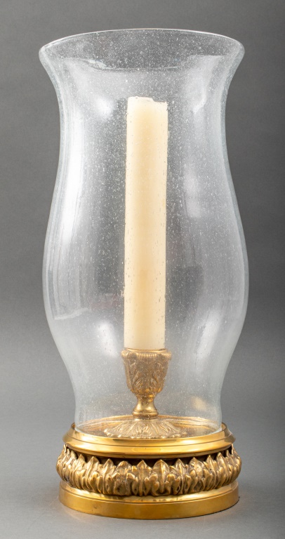 Appraisal: LARGE HURRICANE GLASS SHADE BRASS PHOTOPHORE LIGHT Large brass candle