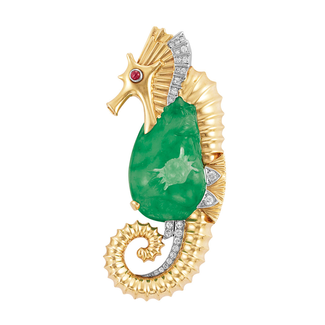 Appraisal: Gold Platinum Diamond and Carved Jade Sea Dragon Clip-Brooch kt