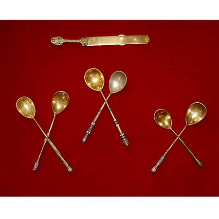 Appraisal: Group of Russian Enameled Silver Gilt Flatware Estimate -