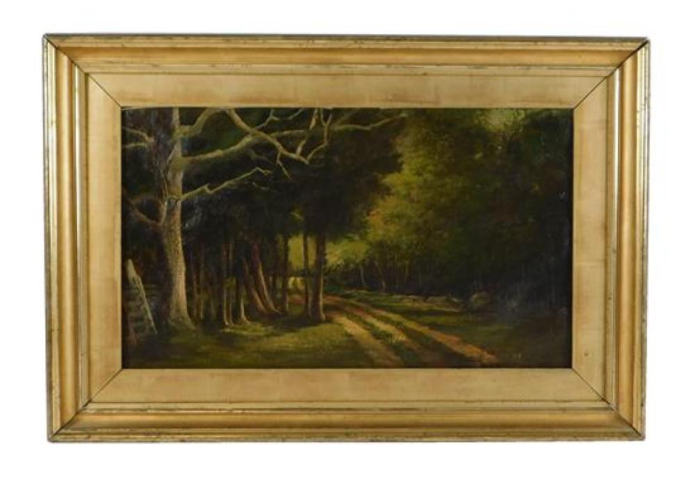 Appraisal: th C oil on canvas depicts forest landscape with wagon