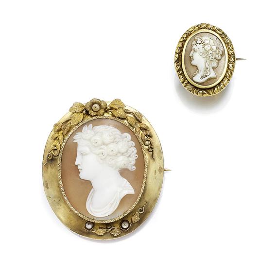 Appraisal: TWO SHELL CAMEO AND GOLD BROOCHES circa Yellow gold Decorative