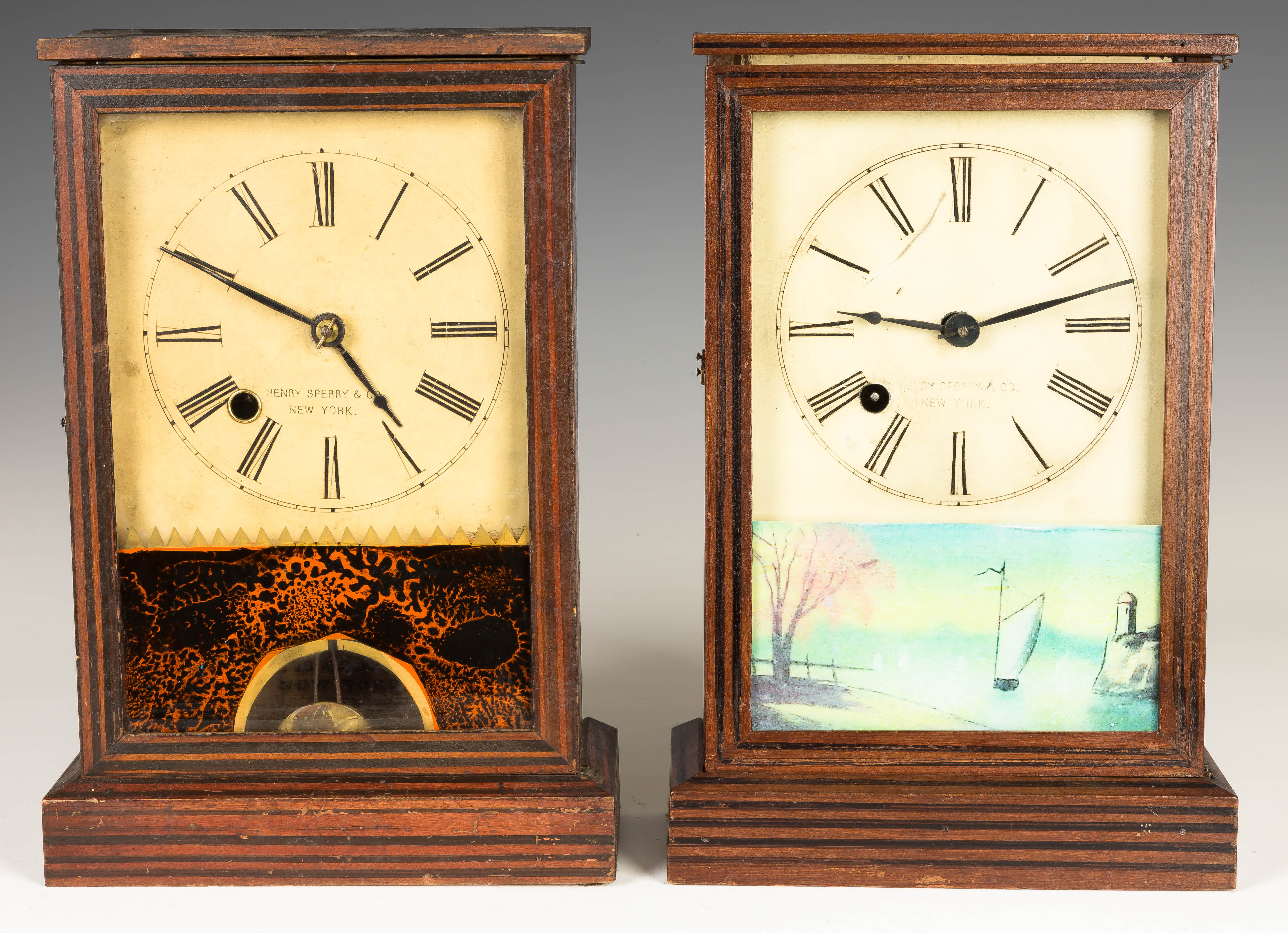 Appraisal: Two Henry Sperry Cottage Clocks Original grained cases Original painted