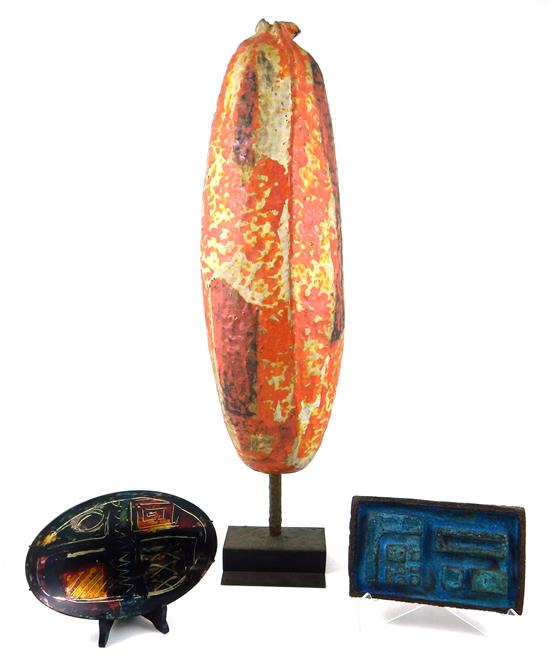 Appraisal: Three abstract pieces of pottery and glass gourd form sculpture