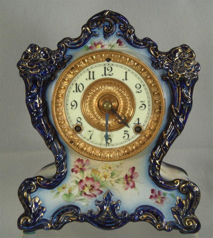 Appraisal: Cobalt floral decorated Ansonia Tapponac china case clock porcelain chapter