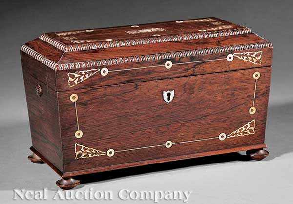 Appraisal: A Regency Rosewood and Mother-of-Pearl Sarcophagus-Form Tea Caddy c hinged