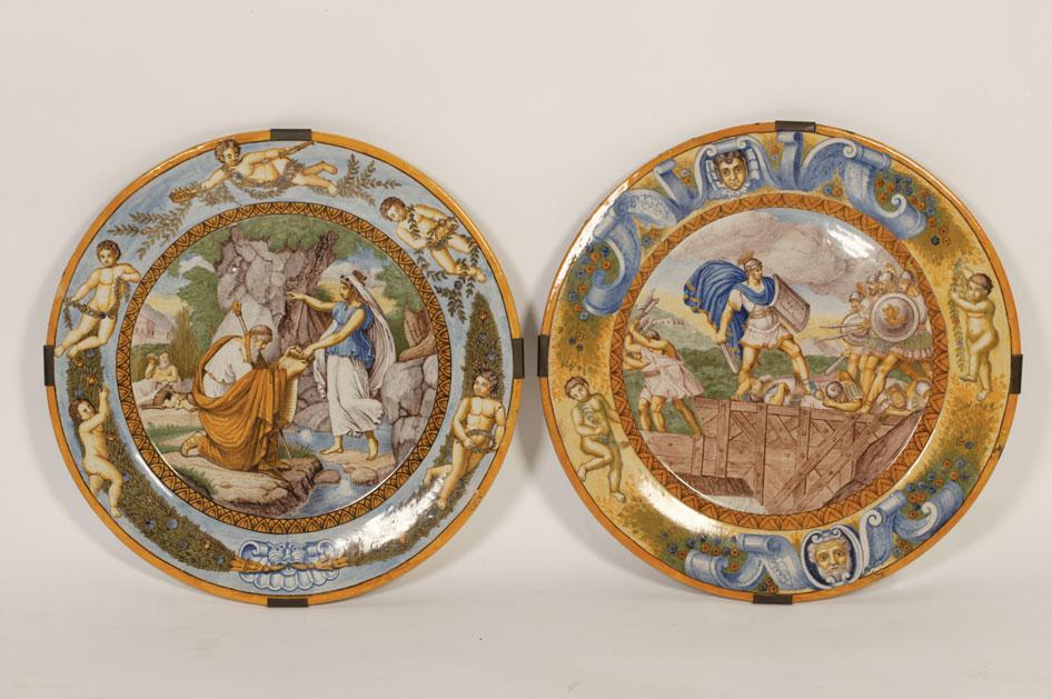 Appraisal: TWO MAJOLICA CHARGERS of th century Istoriato type the central