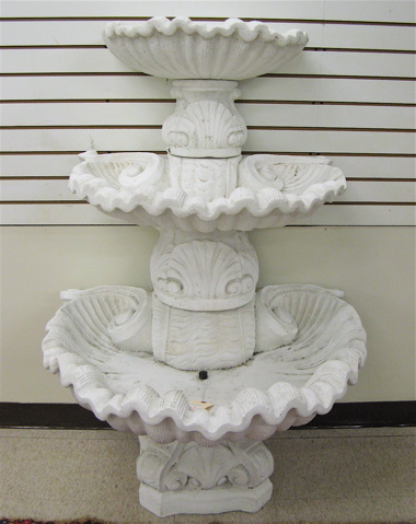 Appraisal: THREE-TIER WHITE COMPOSITE MARBLE FOUNTAIN featuring three graduated shell-form bowls