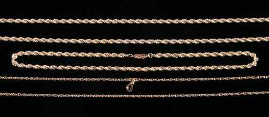 Appraisal: THREE K YELLOW GOLD CHAIN NECKLACES Two of rope design