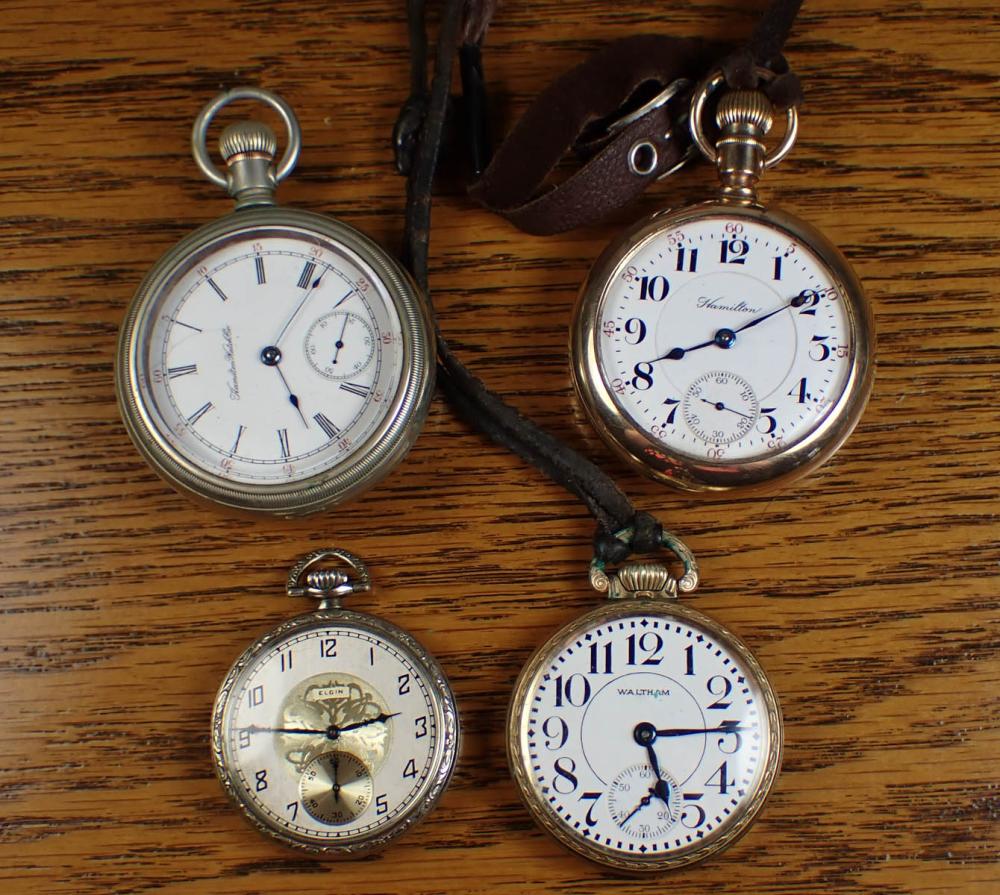 Appraisal: FOUR OPEN FACE POCKET WATCHES Including Hamilton model grade size