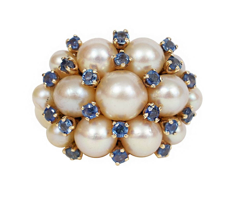 Appraisal: kt Gold Pearls and Sapphire Cluster Ring kt yellow gold