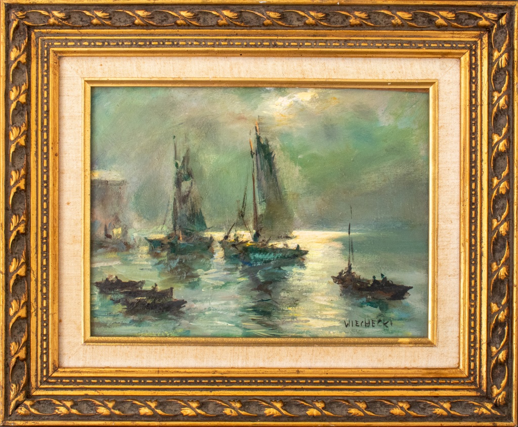 Appraisal: LUDWIK WIECHECKI BOATS IN THE MOONLIGHT PAINTING Boats in the