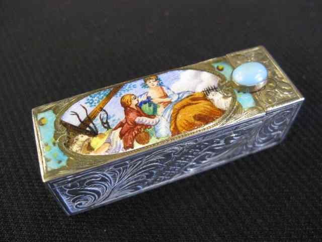 Appraisal: Italian Enameled Silver Lipstick Case courting scene fine fancy engraving