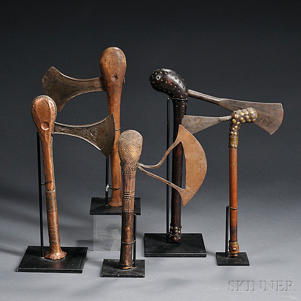 Appraisal: Five African Axes two with tack decoration one with incised