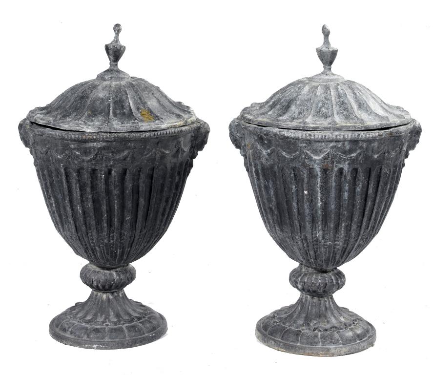 Appraisal: A PAIR OF ENGLISH LEAD GARDEN VASES AND COVERS in