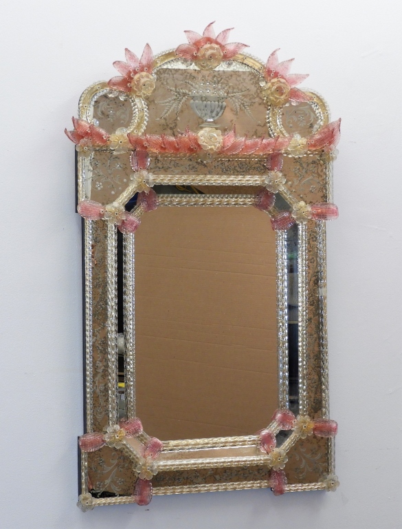 Appraisal: VENETIAN PINK COLORLESS GLASS FLOWER WALL MIRROR Italy th CenturyOrnate