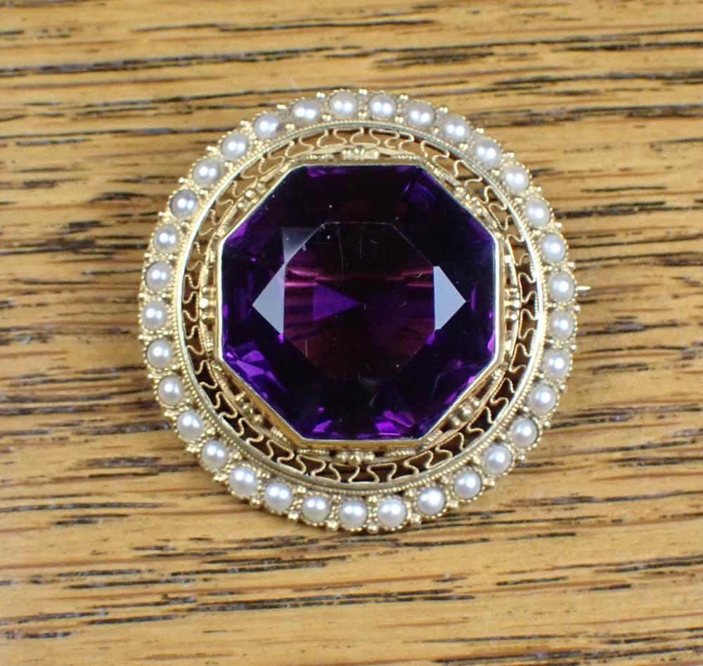 Appraisal: AMETHYST SEED PEARL AND FOURTEEN KARAT GOLD BROOCH The round