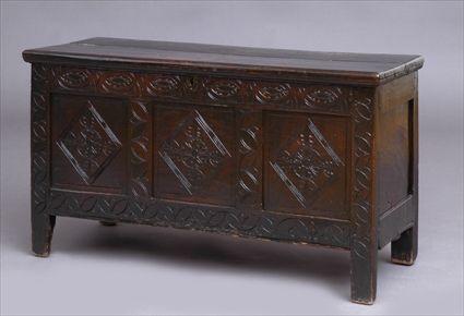 Appraisal: JACOBEAN INCISED OAK BLANKET CHEST The hinged -plank top above