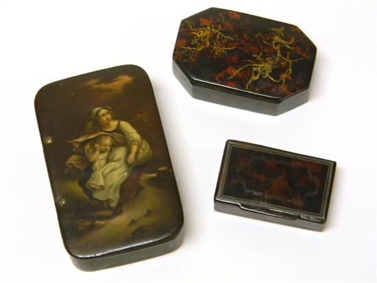 Appraisal: Three lacquer papier mache snuff patch boxes Continental the largest