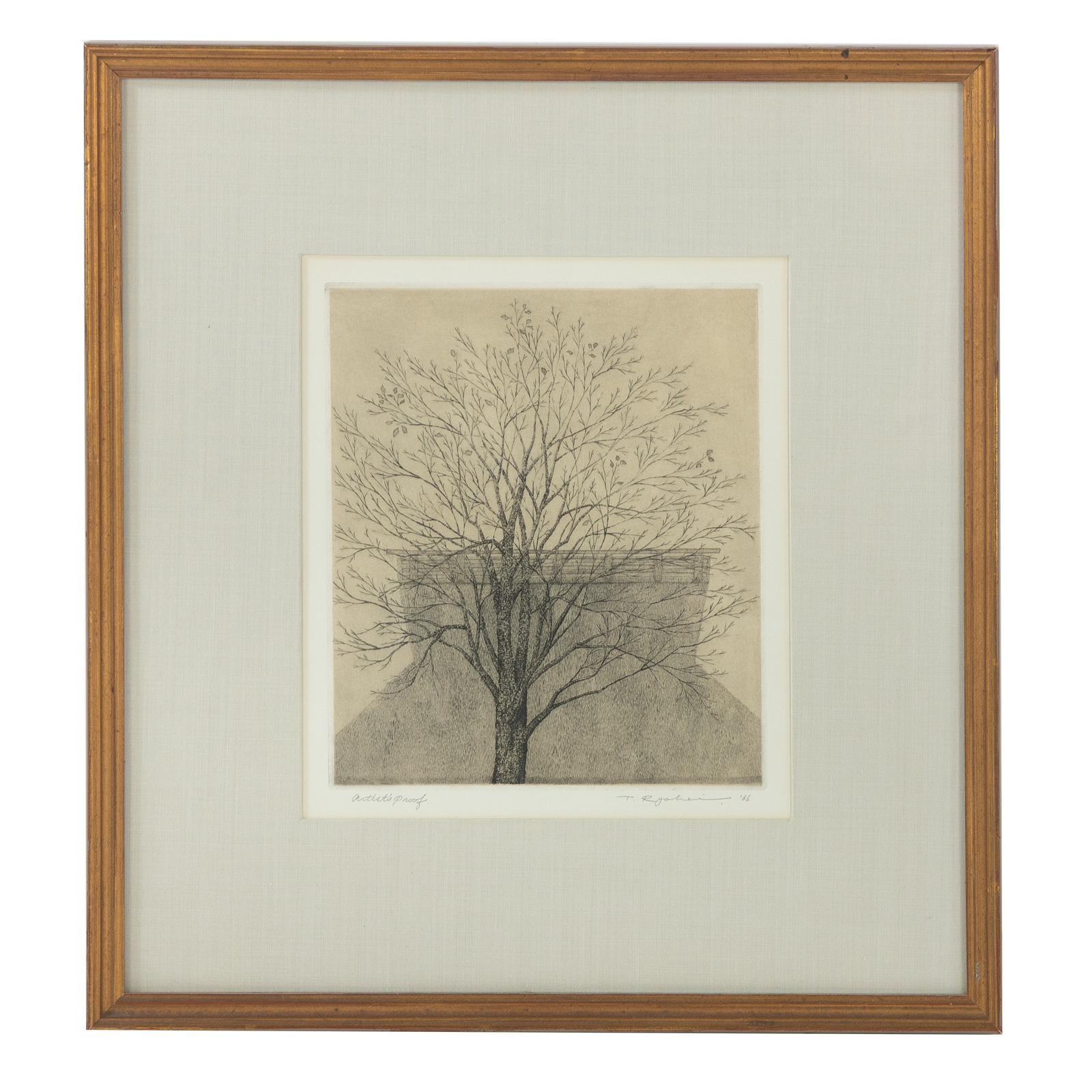 Appraisal: RYOHEI TANAKA THATCHED ROOF AND TREE ETCHING Japanese - Etching