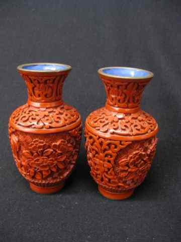 Appraisal: Pair of Chinese Cinnabar Vases floral '' tall excellent