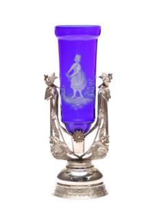 Appraisal: Mary Gregory Type Cobalt Vase on Silver Stand Aurora Silver