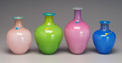 Appraisal: Four Holmes art glass vases all with thread-decorated necks all