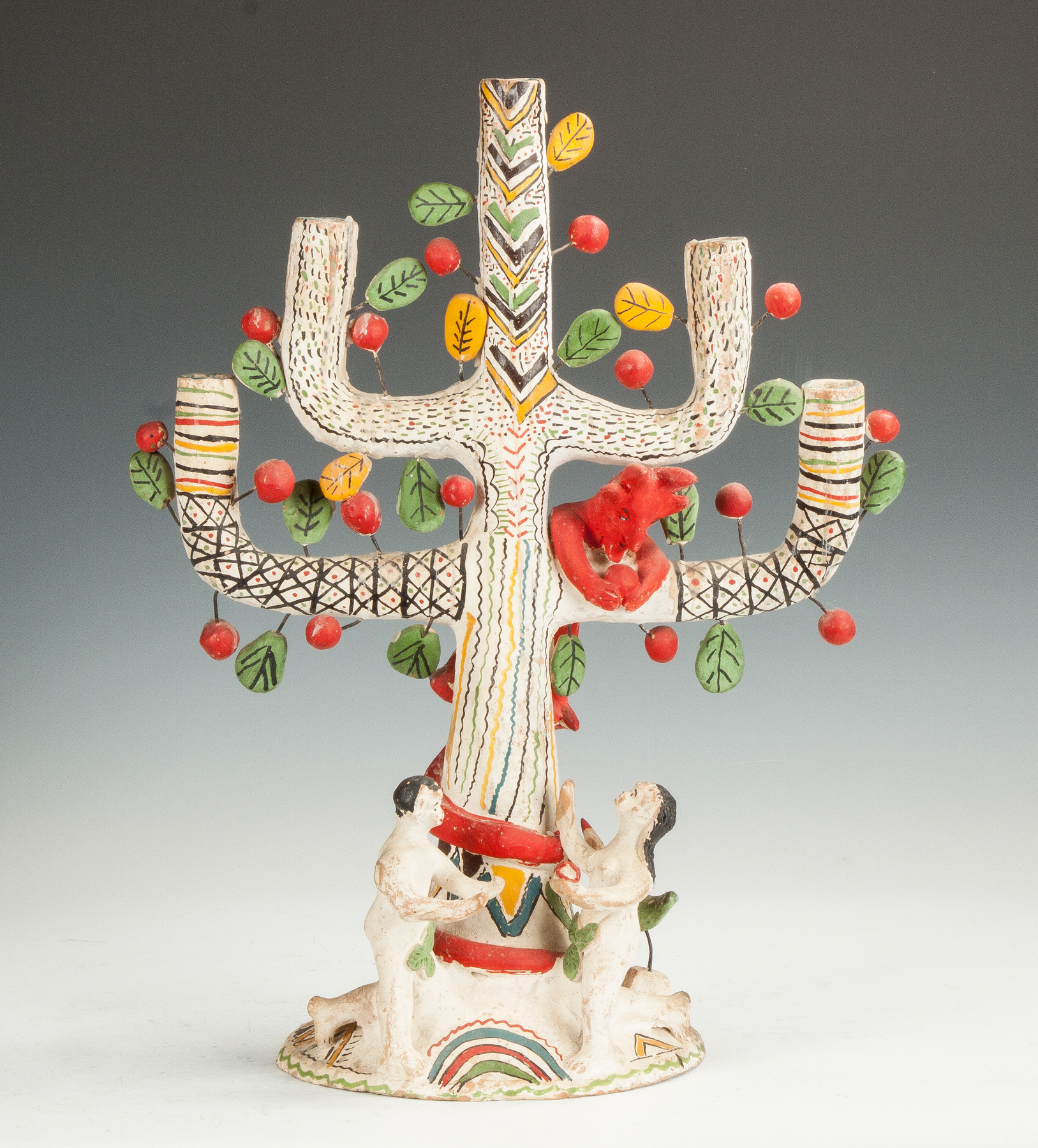 Appraisal: Mexican Pottery Candelabra Adam Eve with Tree of Life th