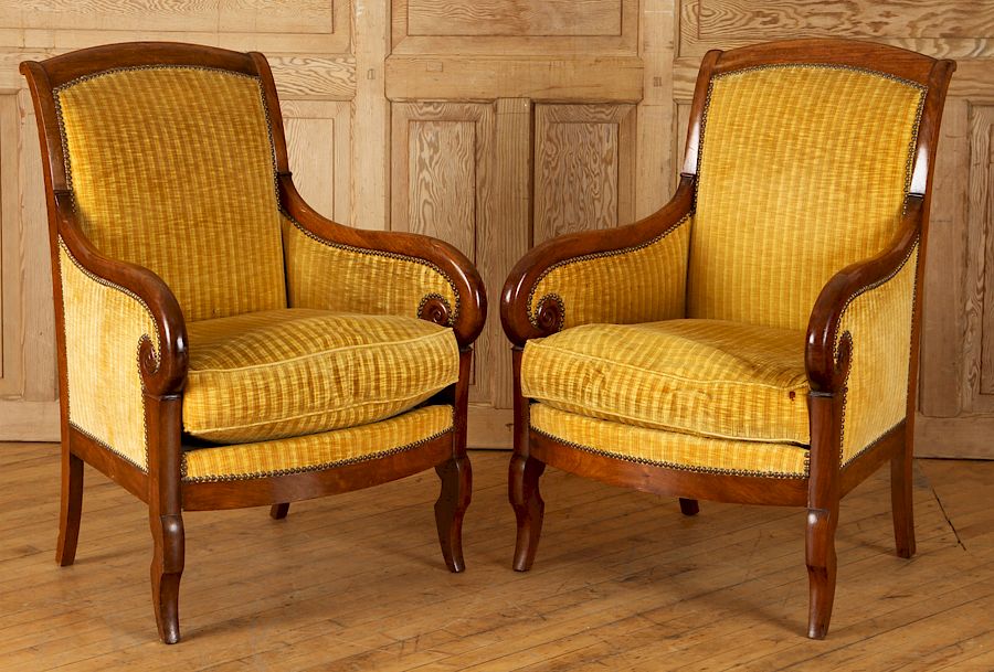 Appraisal: PAIR FRENCH MAHOGANY RESTORATION ARM CHAIRS A pair of Nineteenth