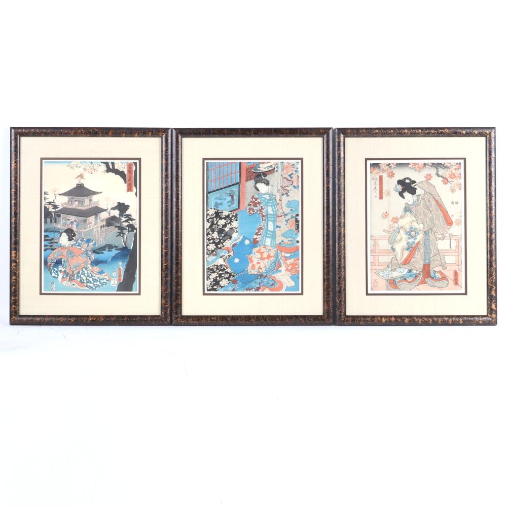 Appraisal: THREE JAPANESE HANGA COLOR WOODBLOCK PRINTS MADE BY TOYOKUNI UTAGAWA