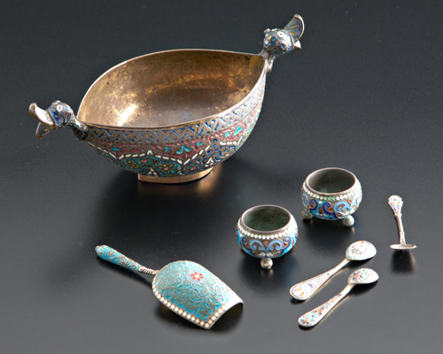 Appraisal: Silver items mostly Russian pair of enameled silver salt dips