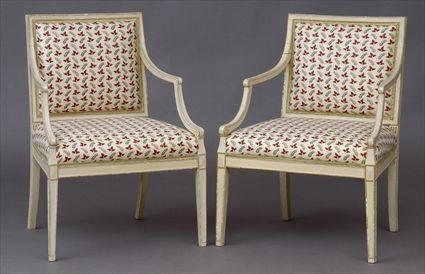 Appraisal: PAIR OF CONTINENTAL NEOCLASSICAL CARVED AND IVORY-PAINTED FAUTEUILS A LA