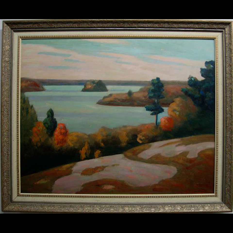 Appraisal: GEORGE THOMSON - CANADIAN AUTUMN LAKE SCENE OIL ON MASONITE