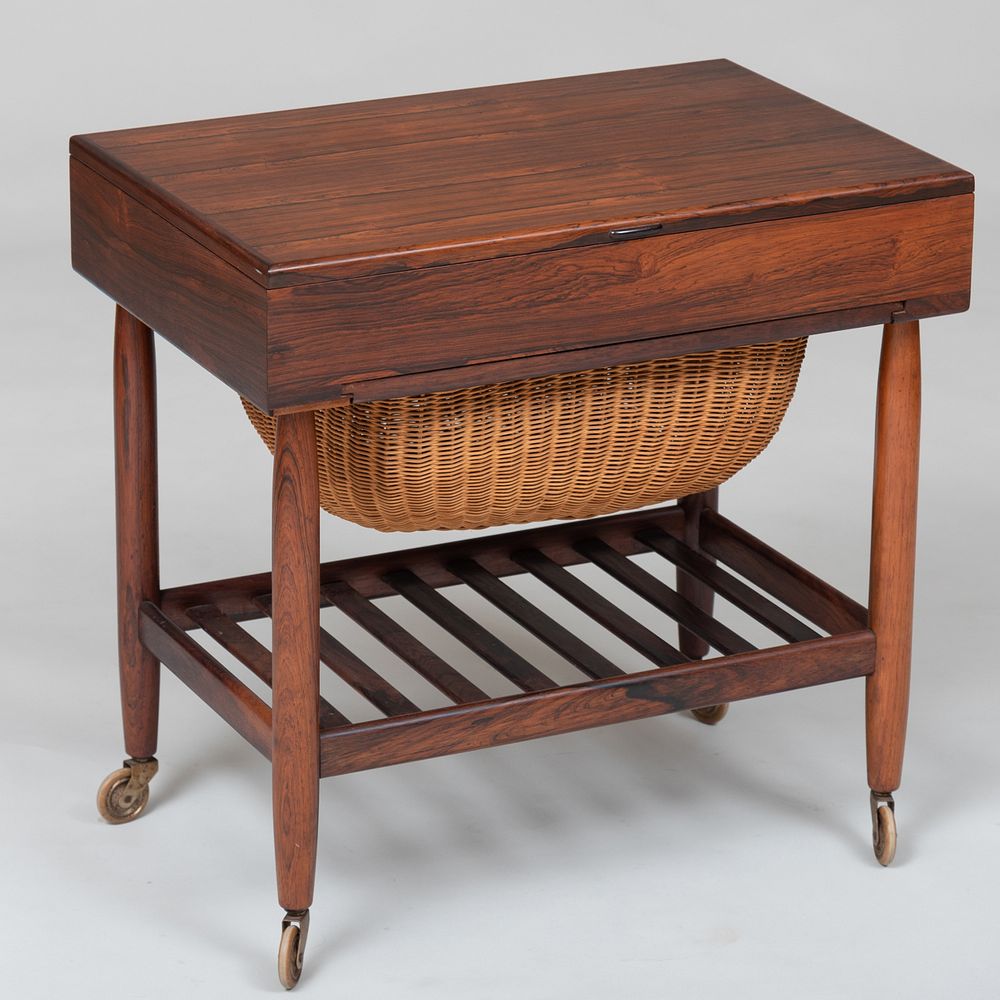 Appraisal: Modern Danish Rosewood Sewing Table with Woven Basket in the