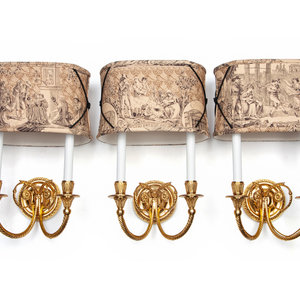 Appraisal: A Set of Three Gilt Metal Two-Light Sconces with Custom