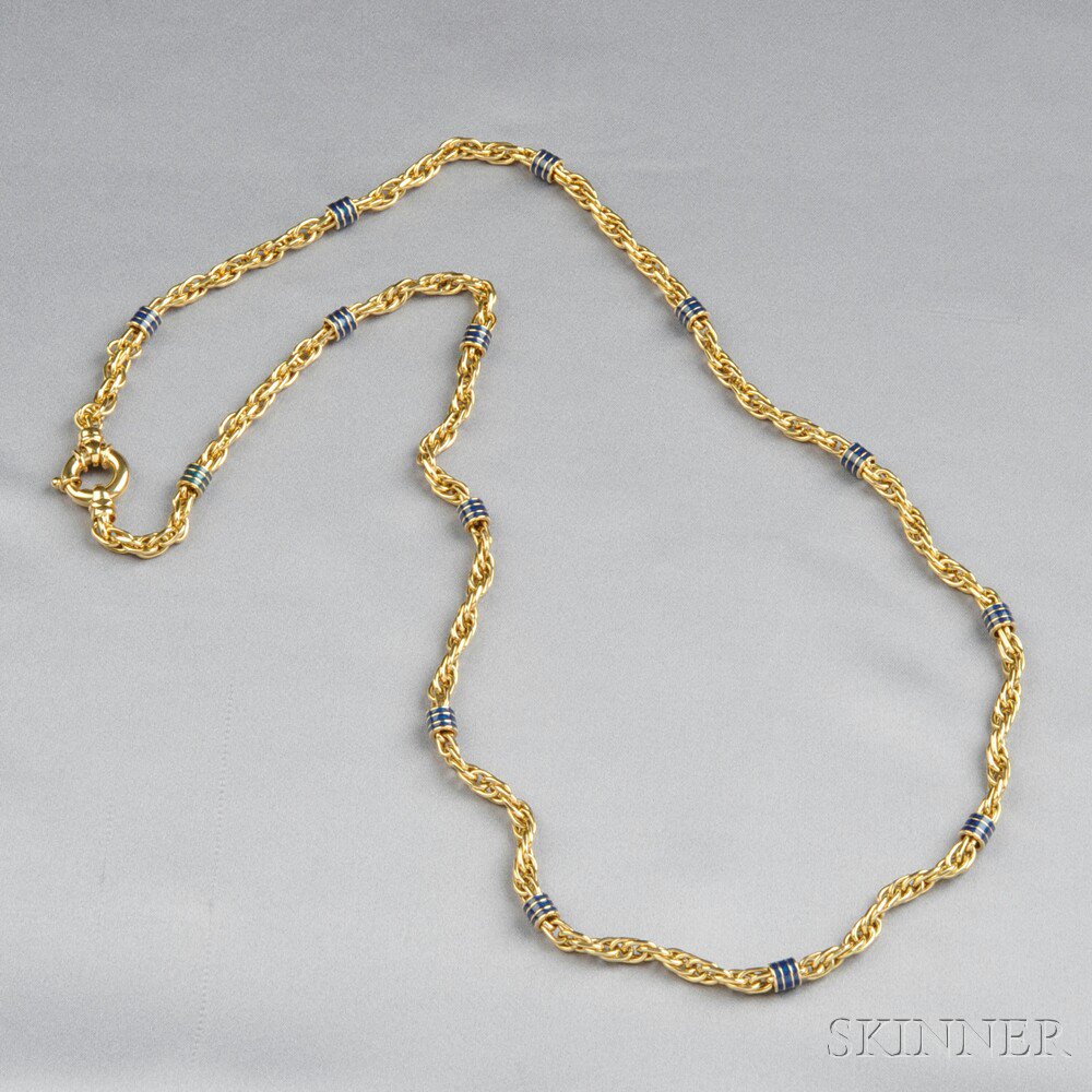 Appraisal: kt Gold and Enamel Chain with blue enamel barrel links