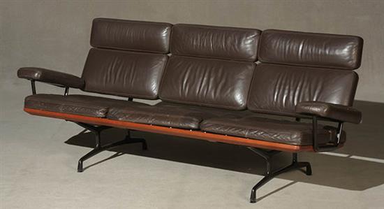 Appraisal: Charles and Ray Eames Teak and Brown Leather Sofa Designed