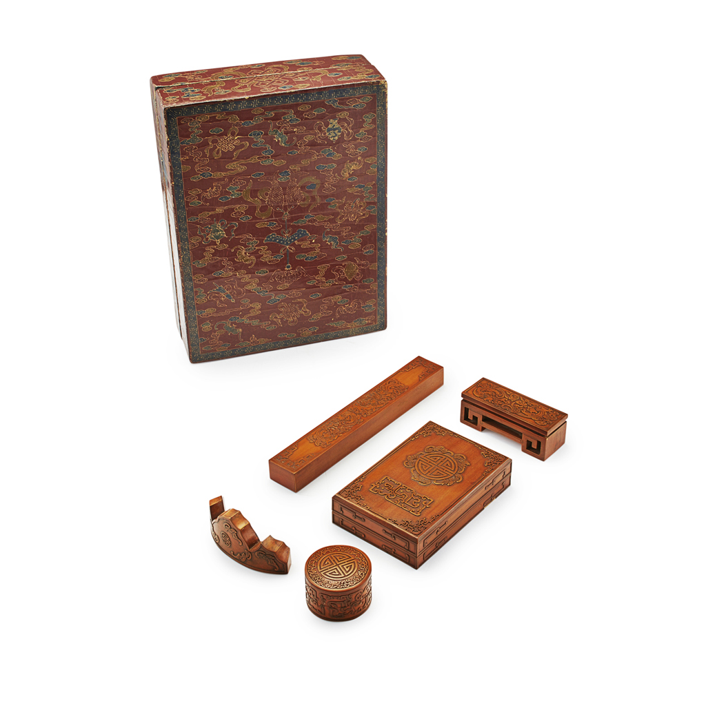 Appraisal: BAMBOO SCHOLAR'S SET IN A LACQUERED BOX including an inkstone