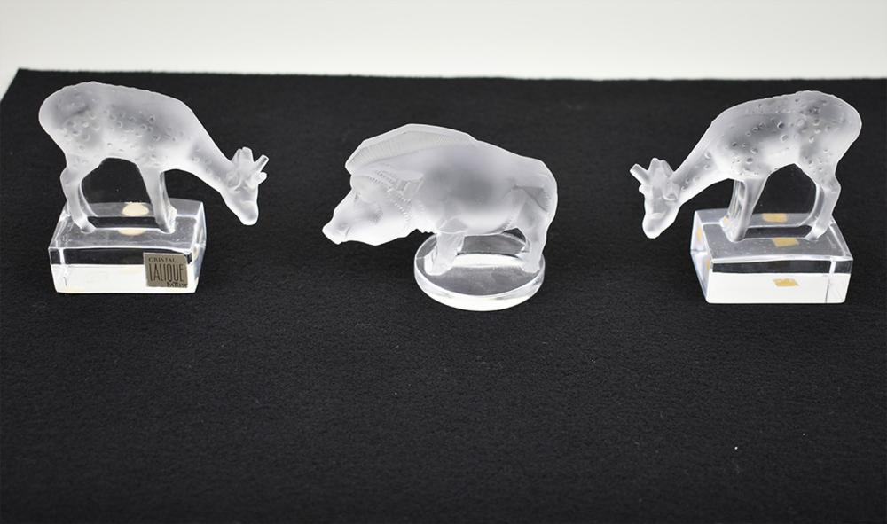 Appraisal: LALIQUE FROSTED GLASS BOAR TWO DEERModern Signed in script Lalique