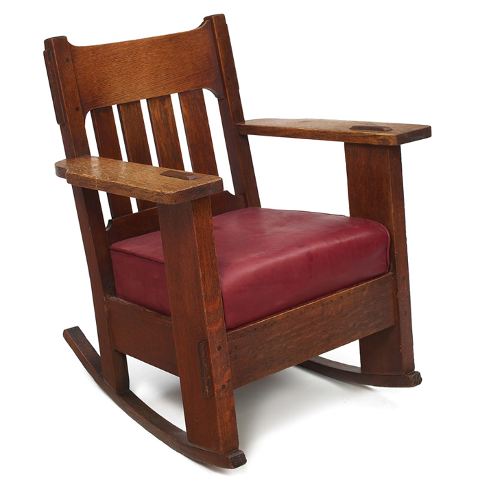 Appraisal: Charles Stickley rocker heavy construction with four vertical slats to