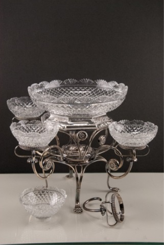 Appraisal: Victorian Silverplate and Glass Epergne Ca 's Large cut glass