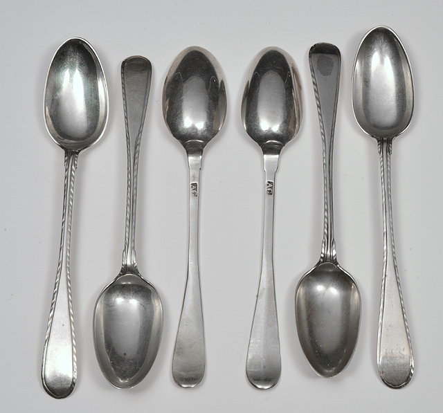 Appraisal: SIX SCOTTISH SILVER TEASPOONS feather edge mid th Century maker's