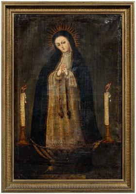 Appraisal: Spanish Colonial painting The Virgin Mary praying between two candles