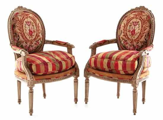 Appraisal: Pair Louis XVI style painted and upholstered armchairs floral medallion