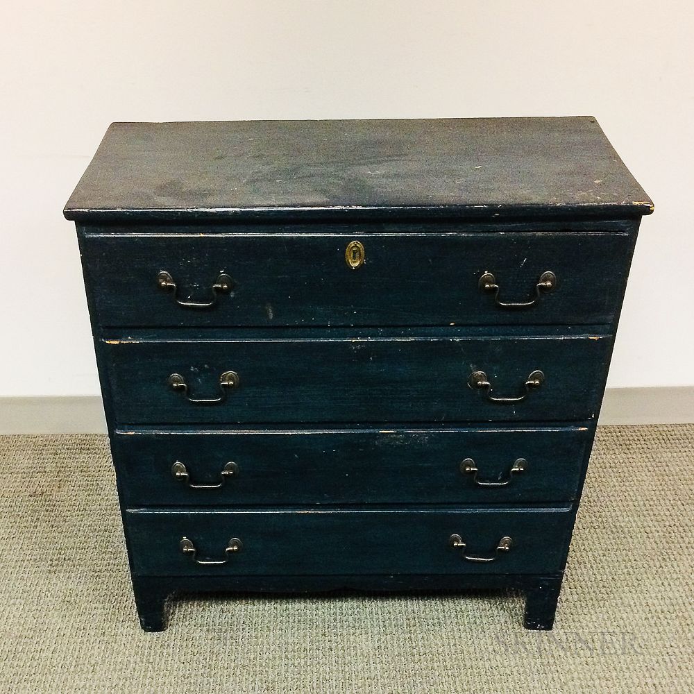 Appraisal: Child's Chippendale-style Blue-painted Pine Chest of Drawers Child's Chippendale-style Blue-painted