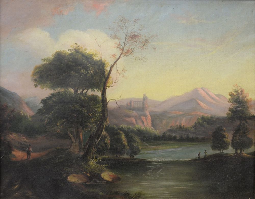 Appraisal: th C oil on canvas river landscape with ruins of